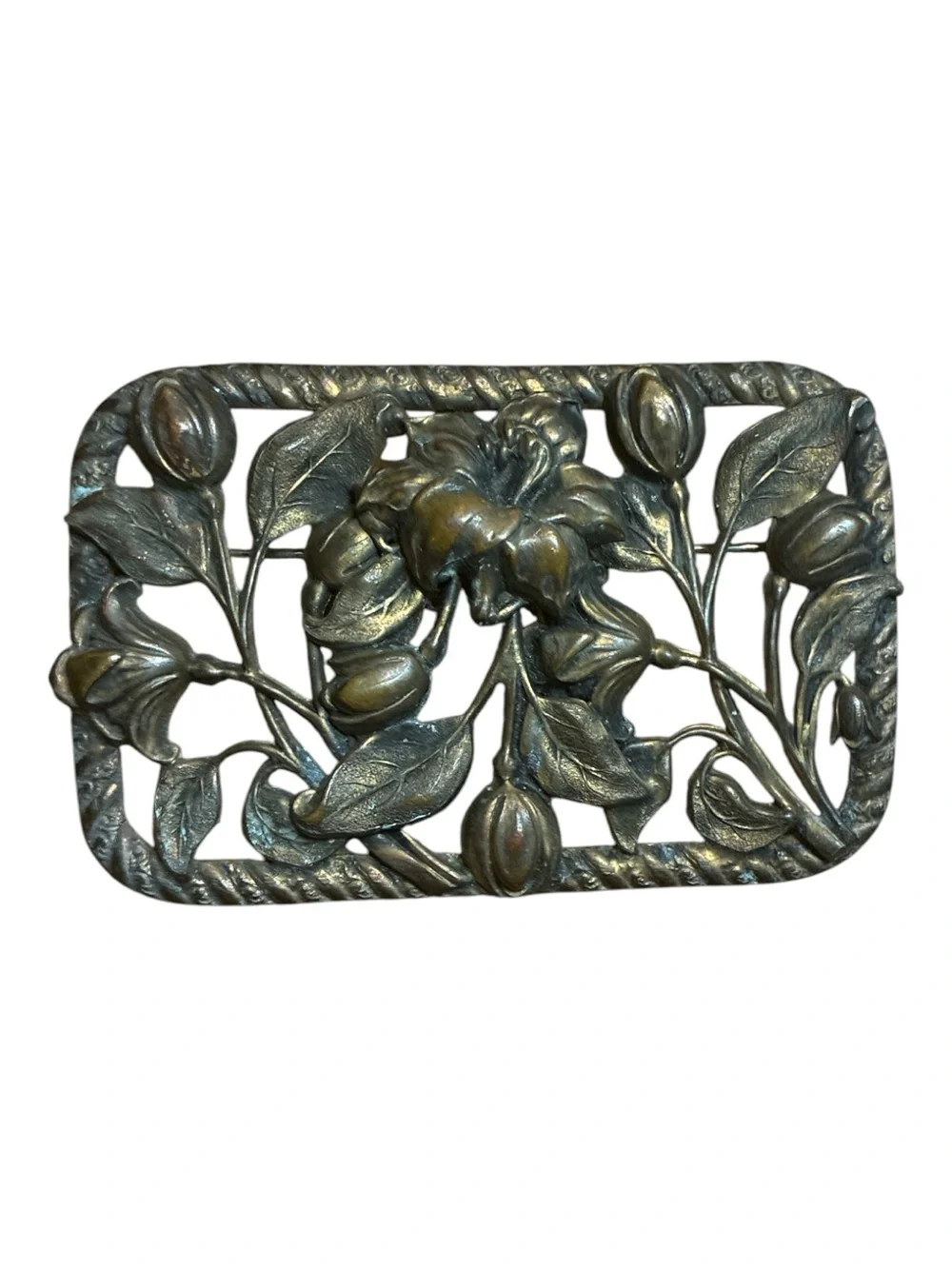 Vintage Large Brass Rectangle Floral Brooch